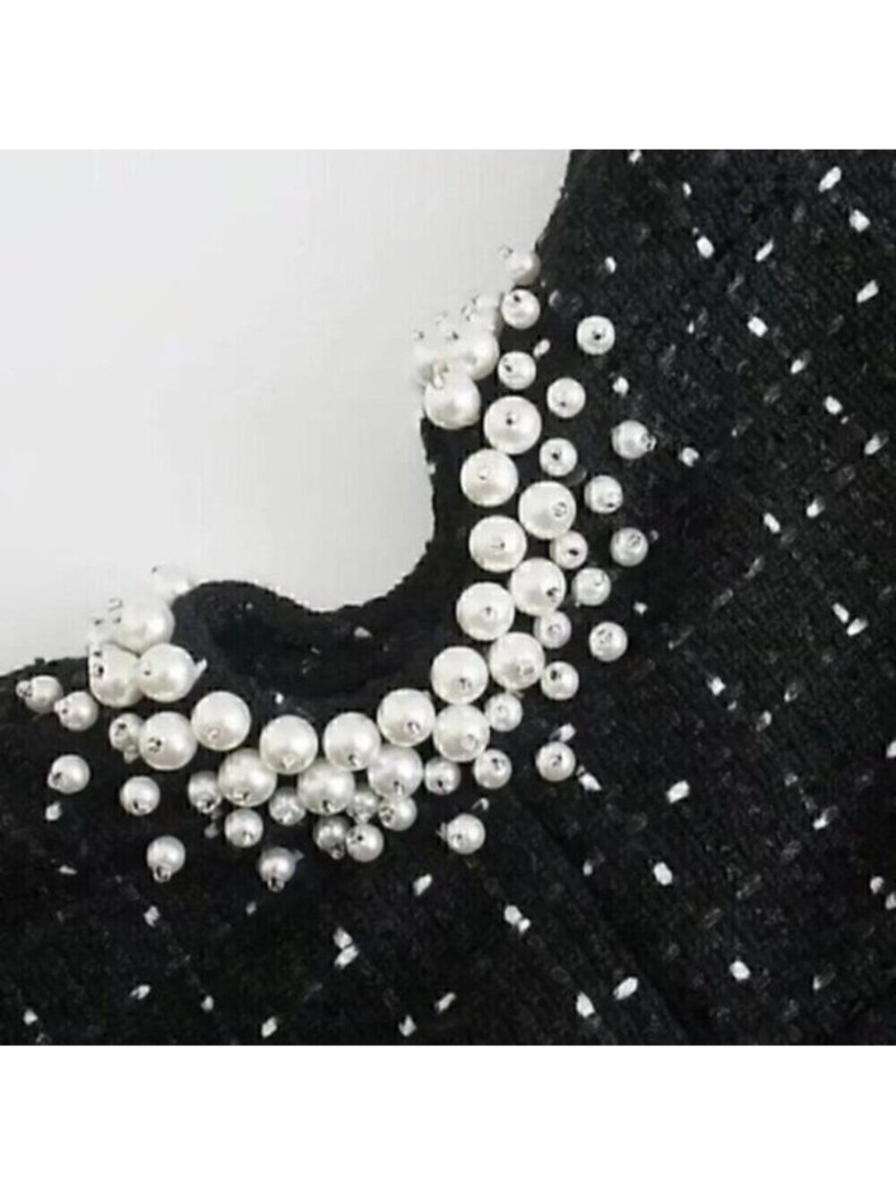 Black Texture Tweed Weave Cutout Mini Dress With Faux Pearls L - Picture 12 of 16